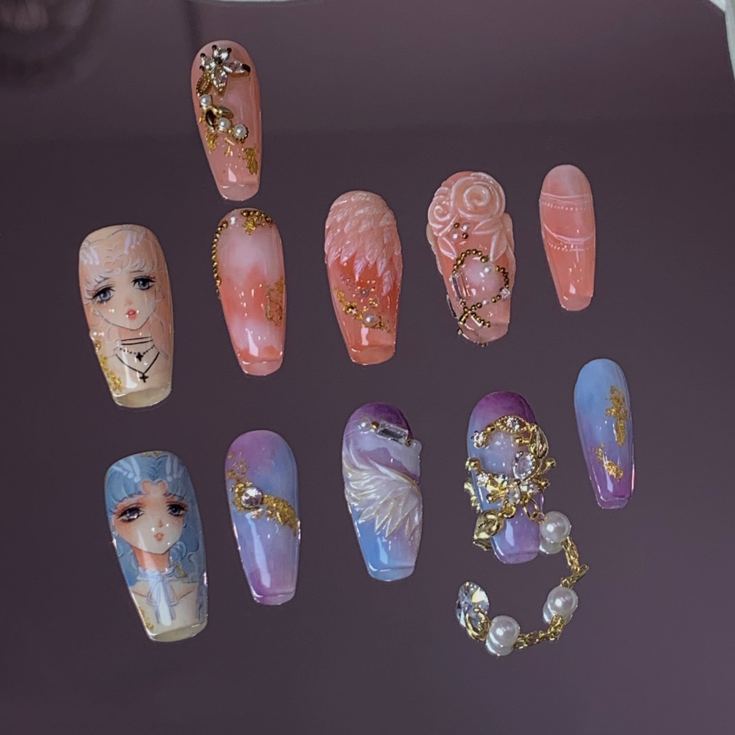 Ethereal Duality -
Hand-Painted Character Swarovski Nails