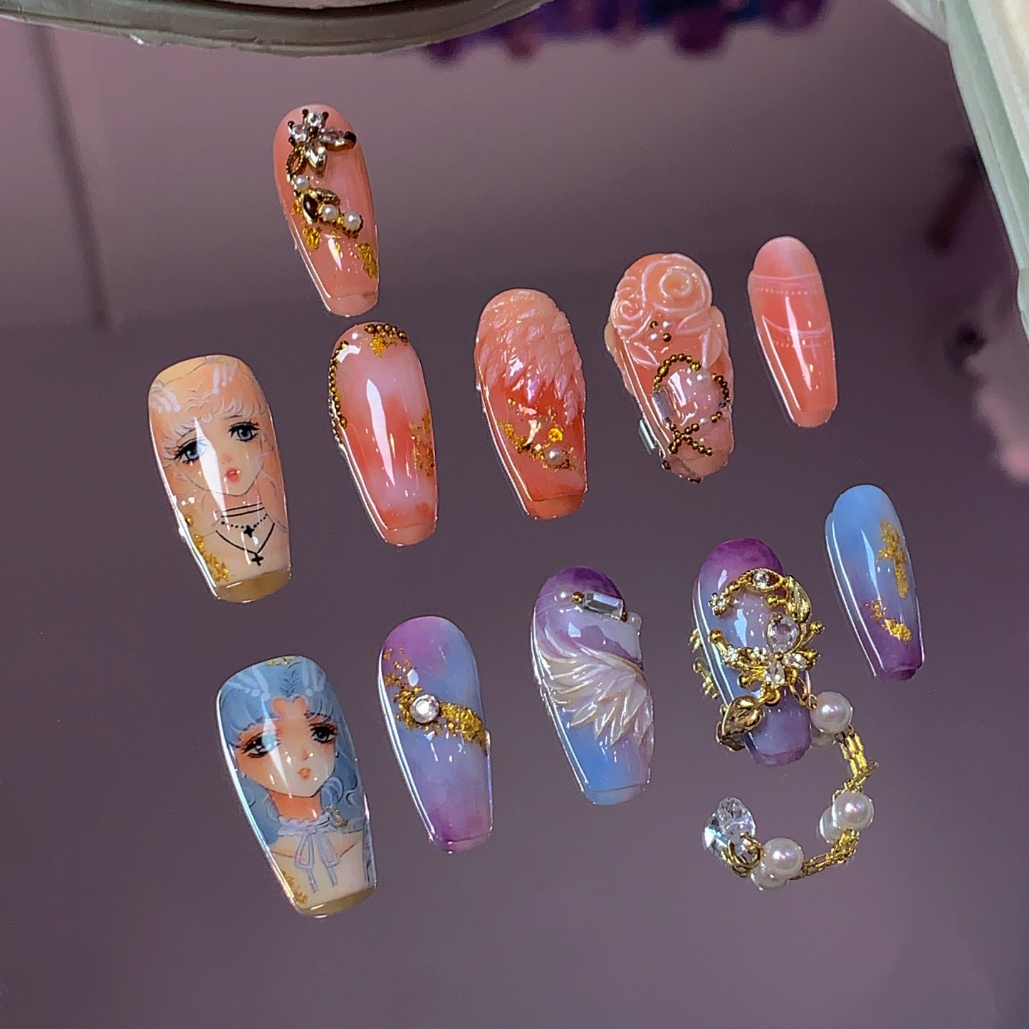 Ethereal Duality -
Hand-Painted Character Swarovski Nails
