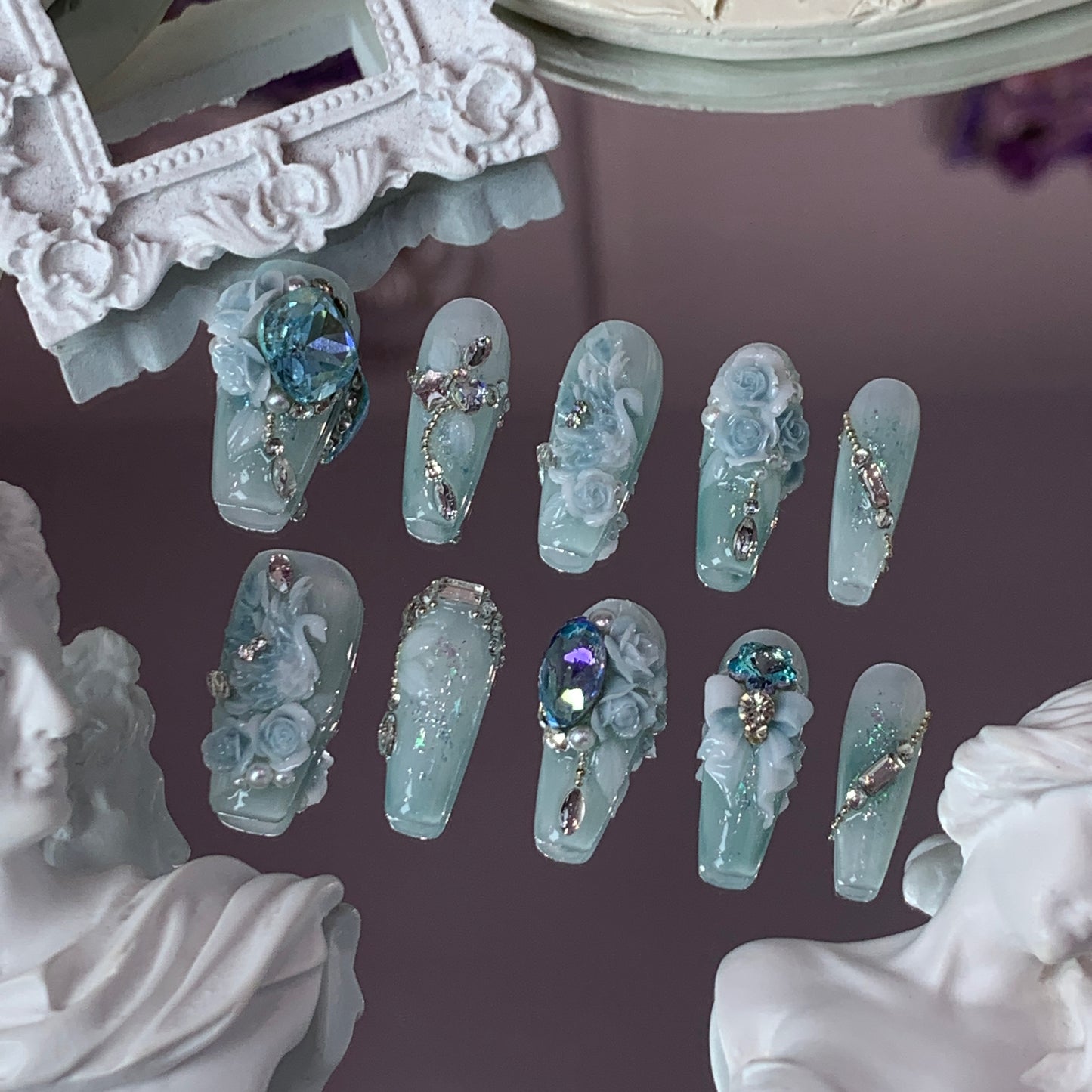 Moonlit Swan Swarovski Nails