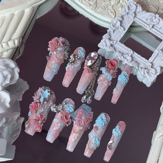 Blooming Serenity Swarovski Long Nails
